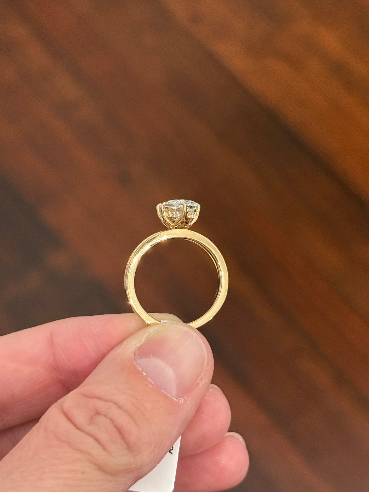 Yellow gold 2.6ct duchess cut lab diamond and round lab diamond ring. Duchess cut measures 13.3x6.59mm
