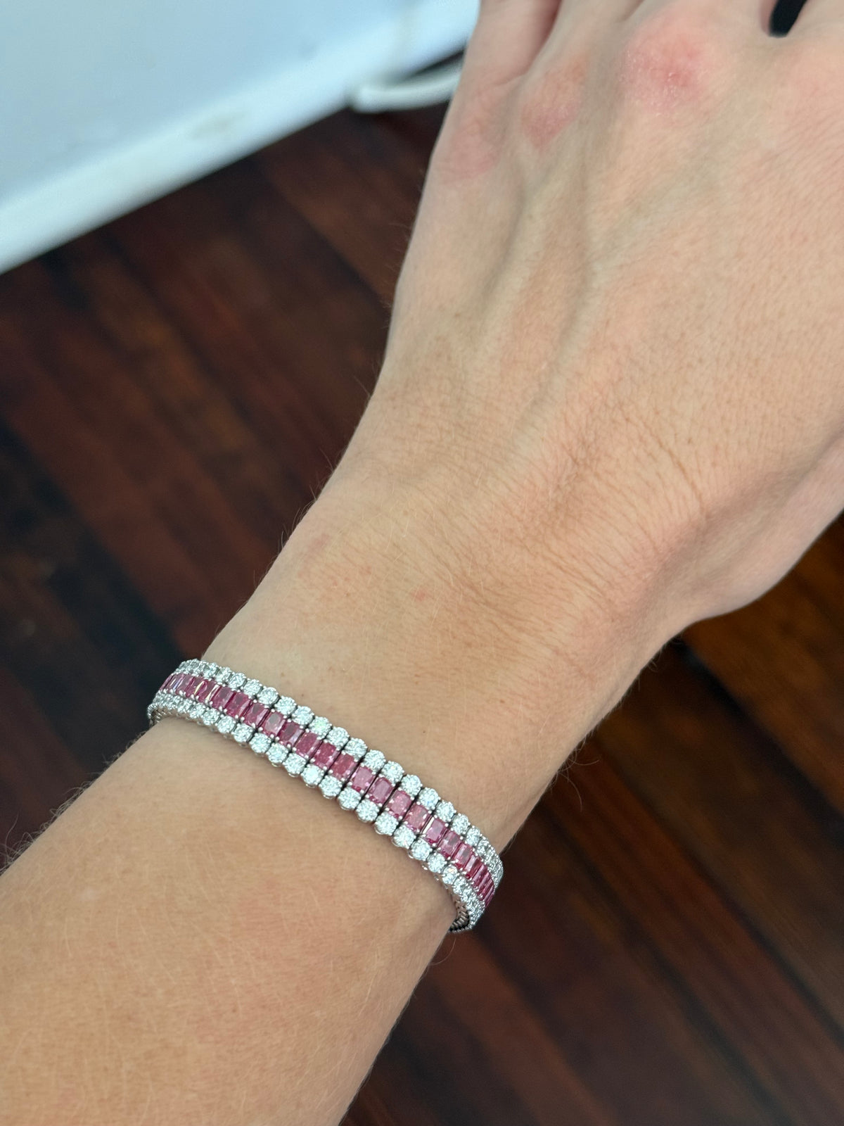 White gold 17.19ct radiant pink lab diamond and white round lab diamond bracelet