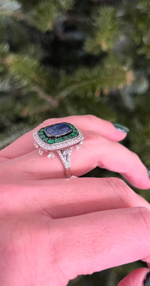 18k  Natural 2.10 CT white gold a cushion kynite surrounded by tsavorites and diamonds