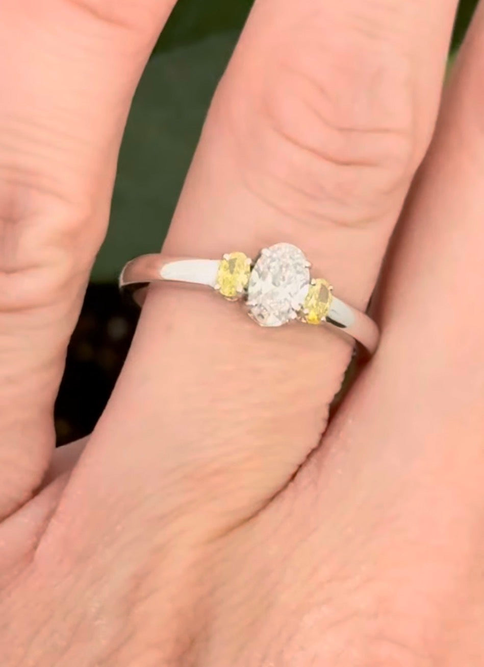 White gold 0.76ct yellow and white oval lab diamond ring