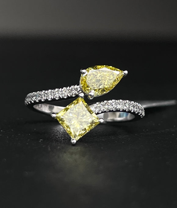 *Premade* 1.67 cttw Fancy Yellow Pear and Princess with lab diamonds Ring