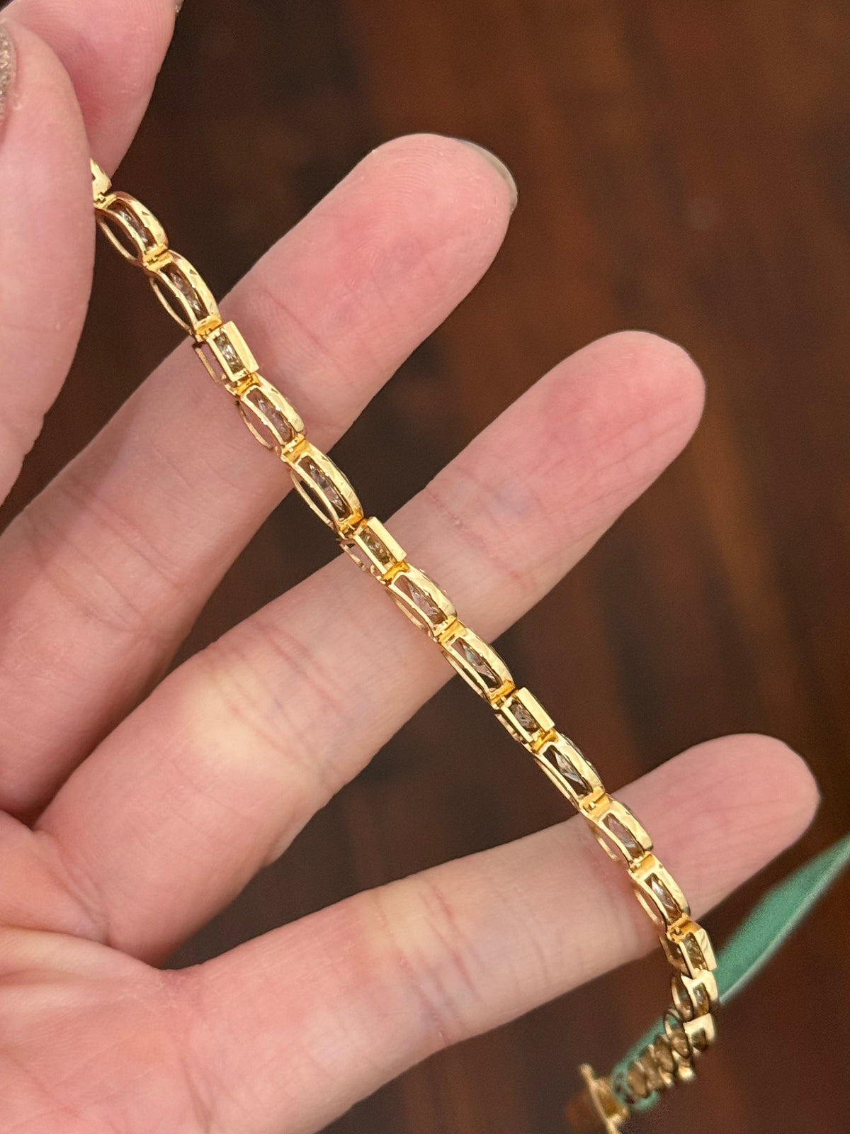 Yellow gold bezel set 8.49ct marquise, pear shape and princess cut natural diamond bracelet
