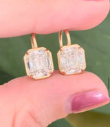 Yellow gold antique emerald cut lab diamond hook earrings