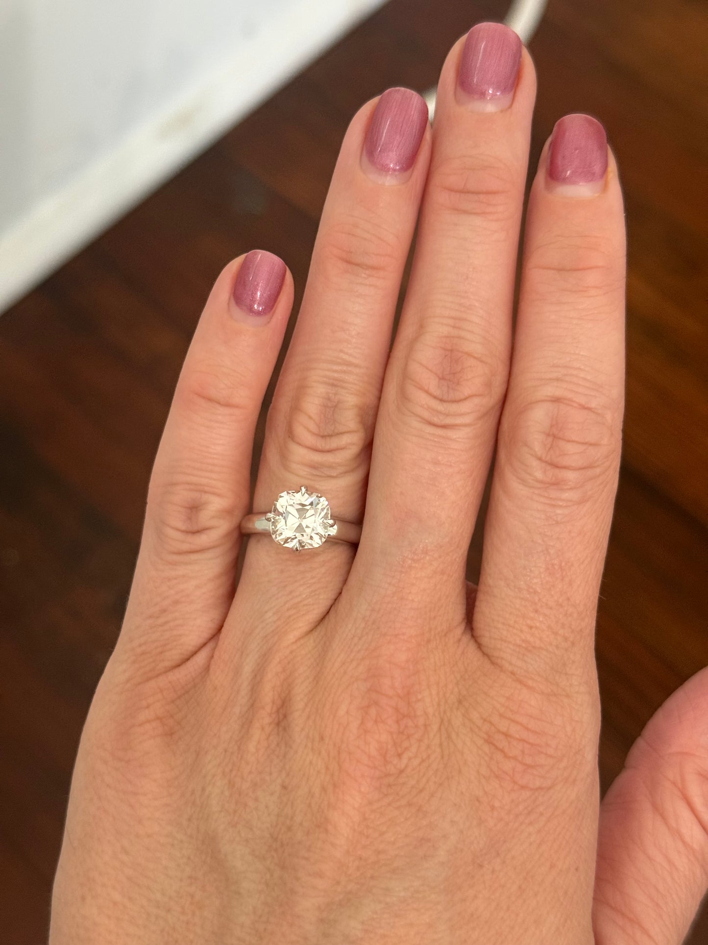 White gold 3.02ct cushion cut lab diamond ring. Stone measures approximately 8.2mm