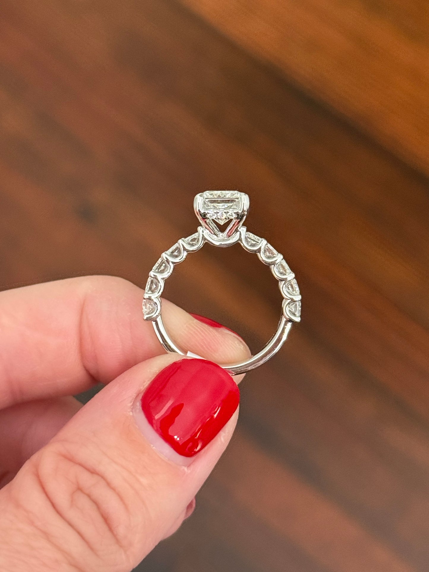 White gold radiant lab diamond ring. Center stone is IGI certified and 3.09cts E VVS2