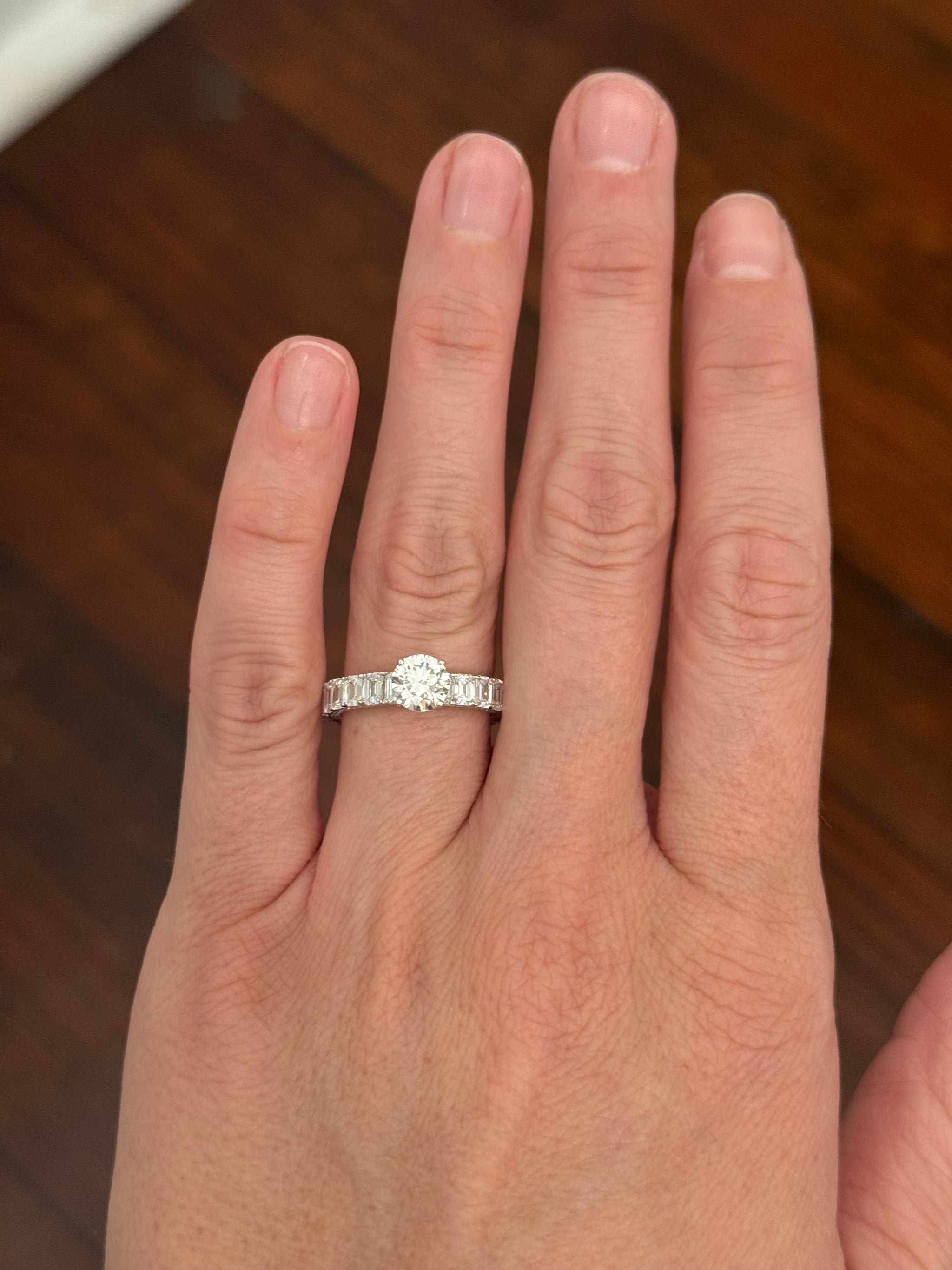 White gold 1.06ct round lab diamond and 4.14ct emerald cut lab diamond eternity ring