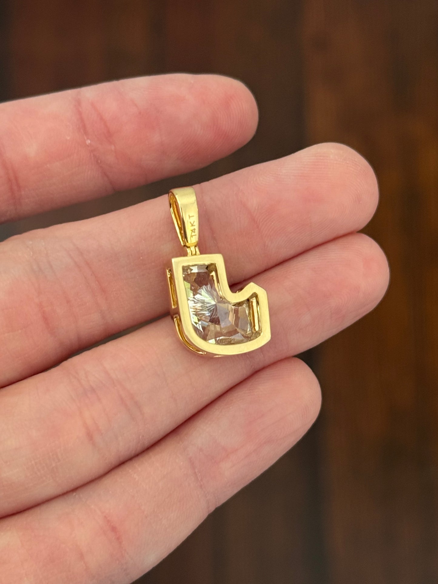 Yellow gold J shaped lab diamond pendant