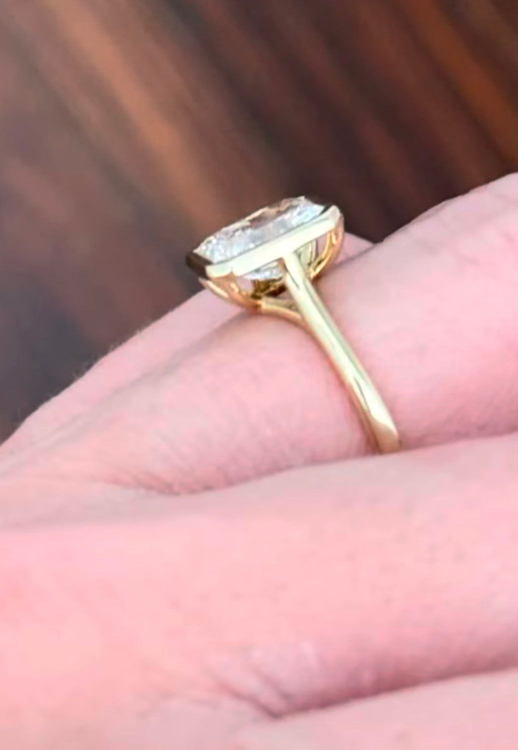 Yellow gold bezel set 2.99ct radiant lab diamond ring