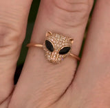 Rose gold white and black diamond cat ring