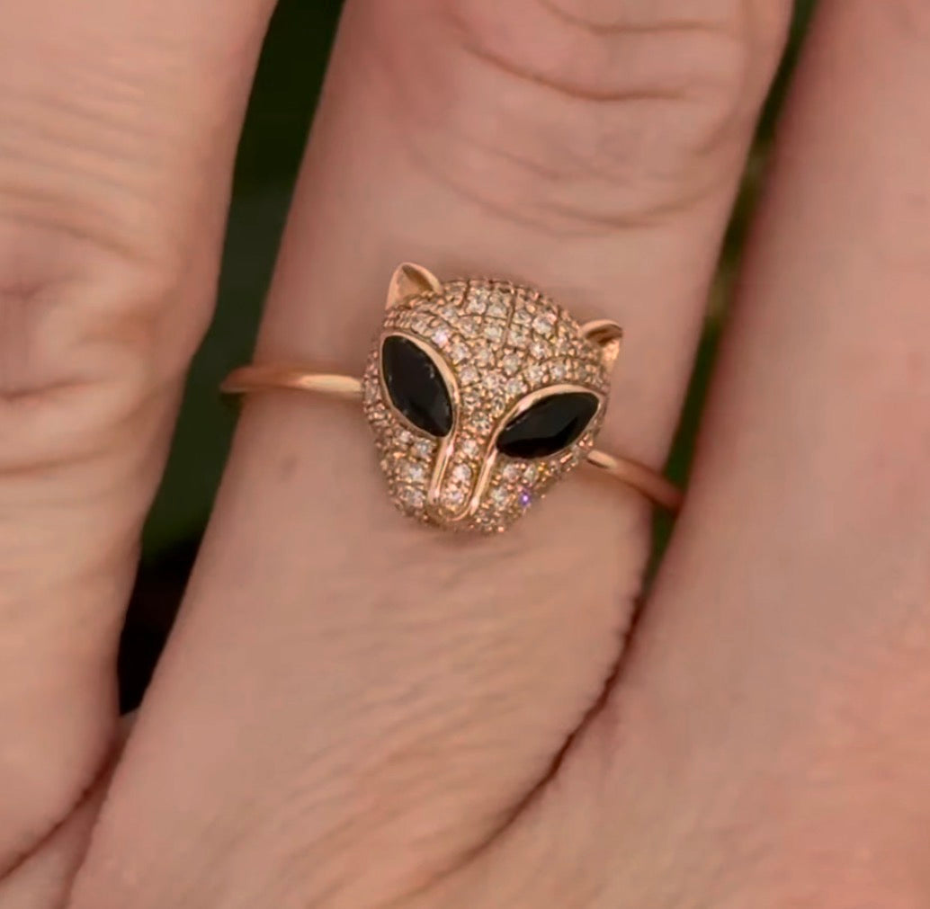 Rose gold white and black diamond cat ring