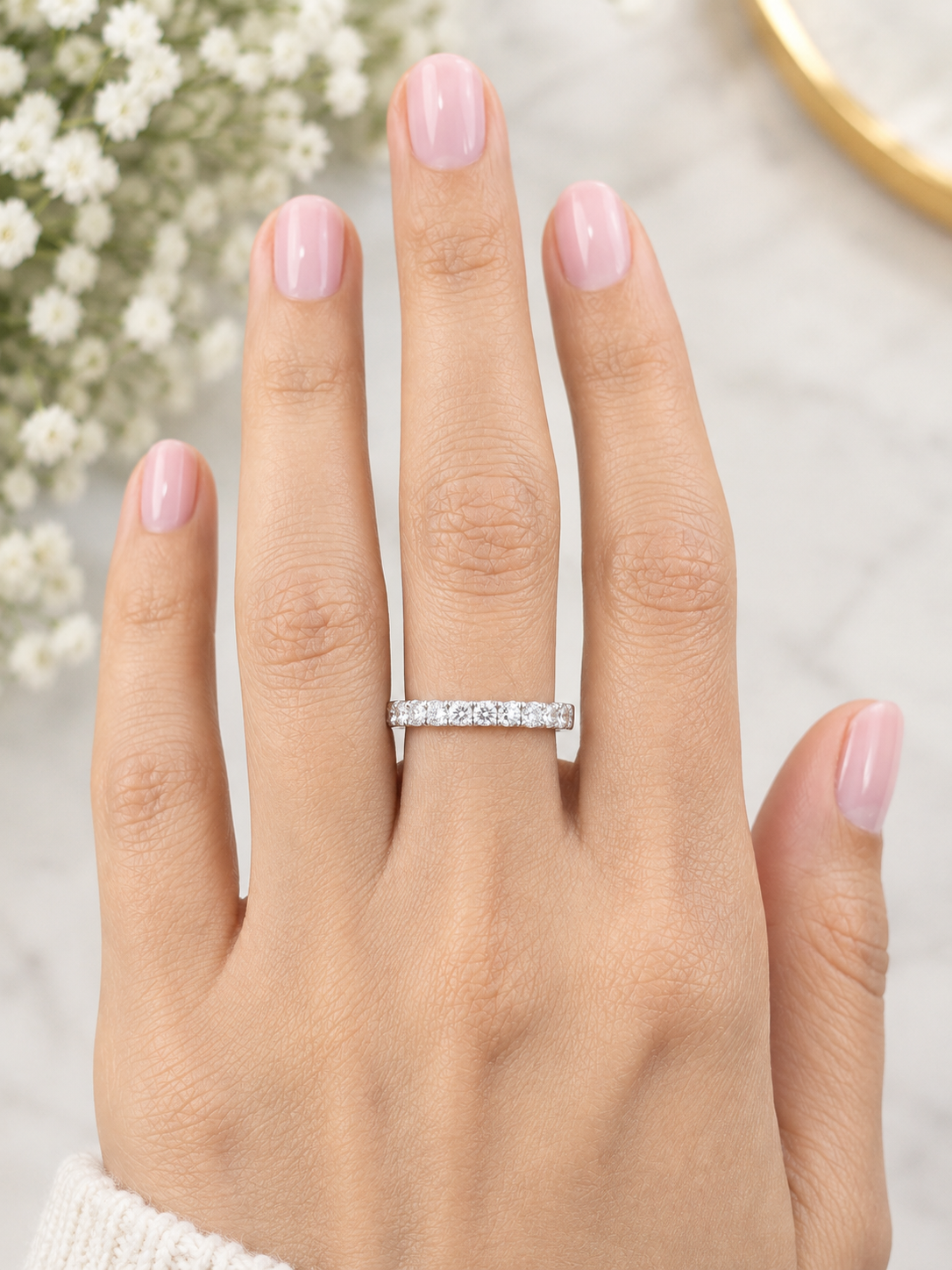 Custom Made 14K White Gold Round lab Diamond Half Way Eternity Band