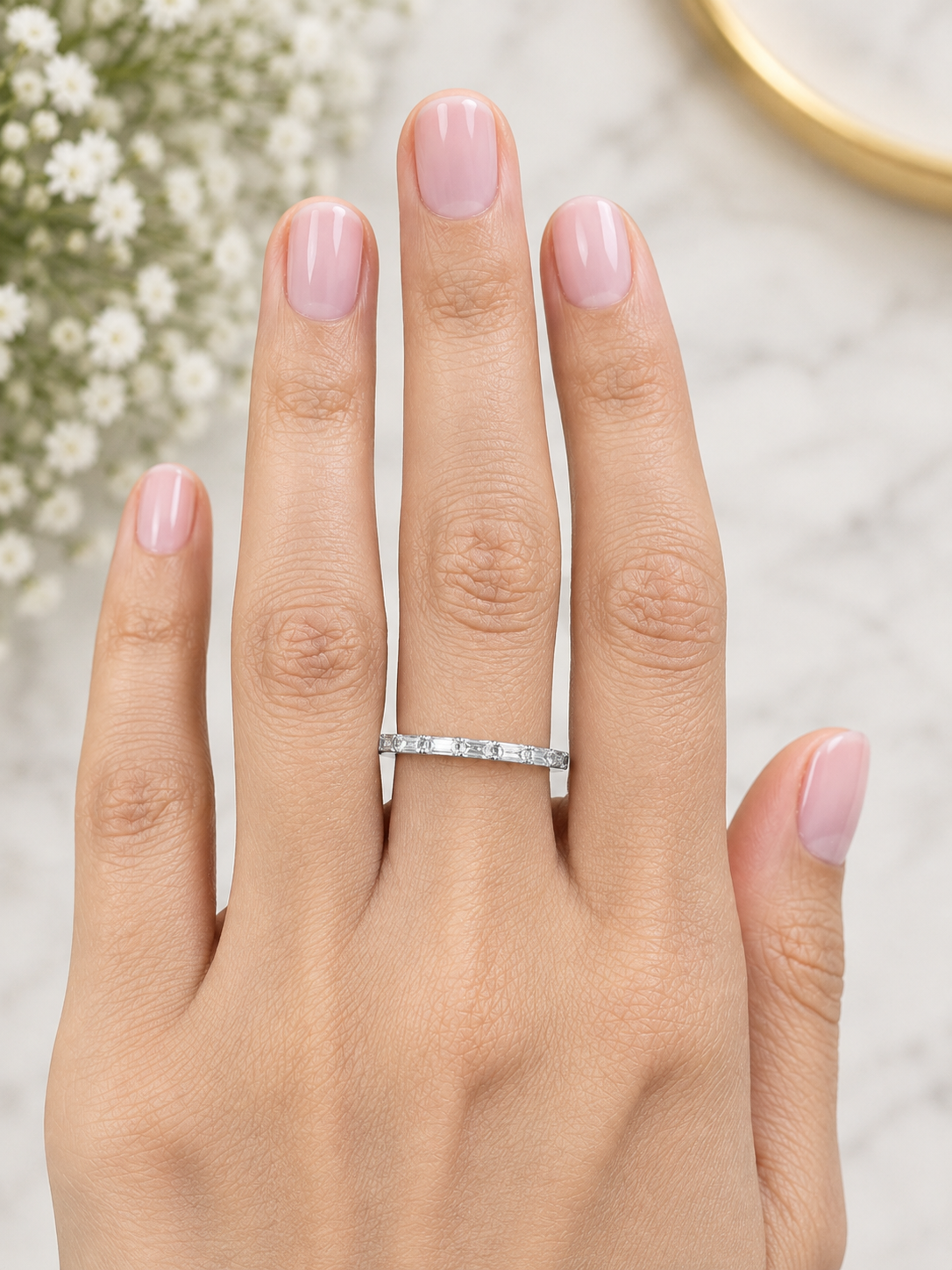 Custom Made 14K White Gold Baguette Half way lab Diamond Eternity Band