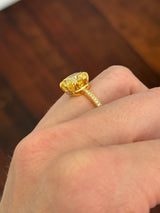 Yellow gold cushion cut yellow lab diamond and white lab diamond ring
