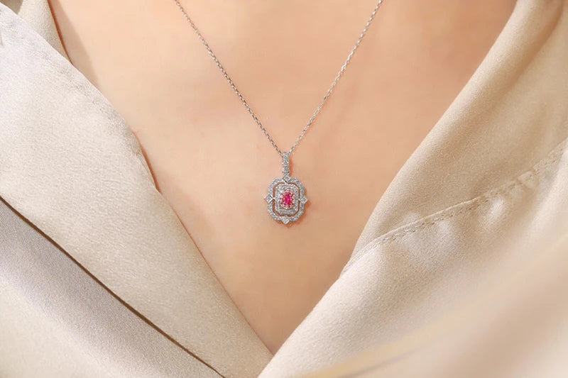 18K White Gold Real Natural Pink Diamond Pendant Necklace for Women