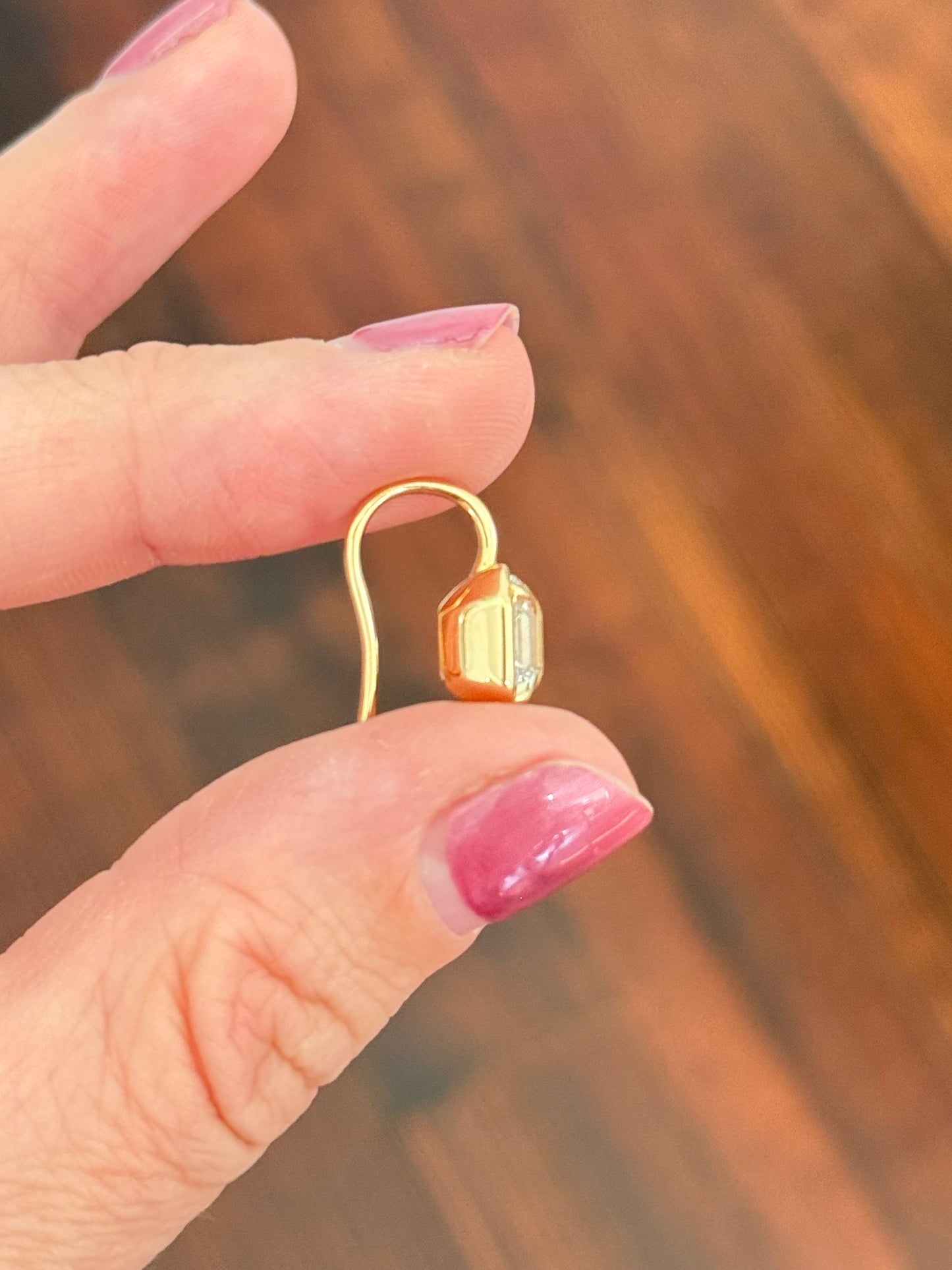 Yellow gold antique emerald cut lab diamond hook earrings