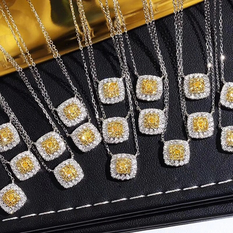 18K White Gold Real Natural Yellow Diamond Pendant Necklace for Women