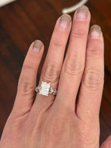 White gold radiant, marquise and round lab diamond ring. Center stone is 3.06cts E VS1 and measures 9.7x6.6mm