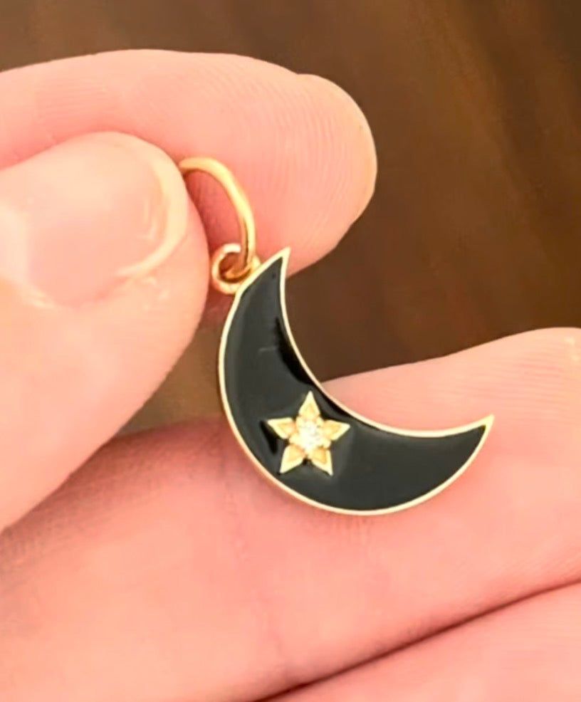 Yellow gold natural diamond and black enamel crescent pendant