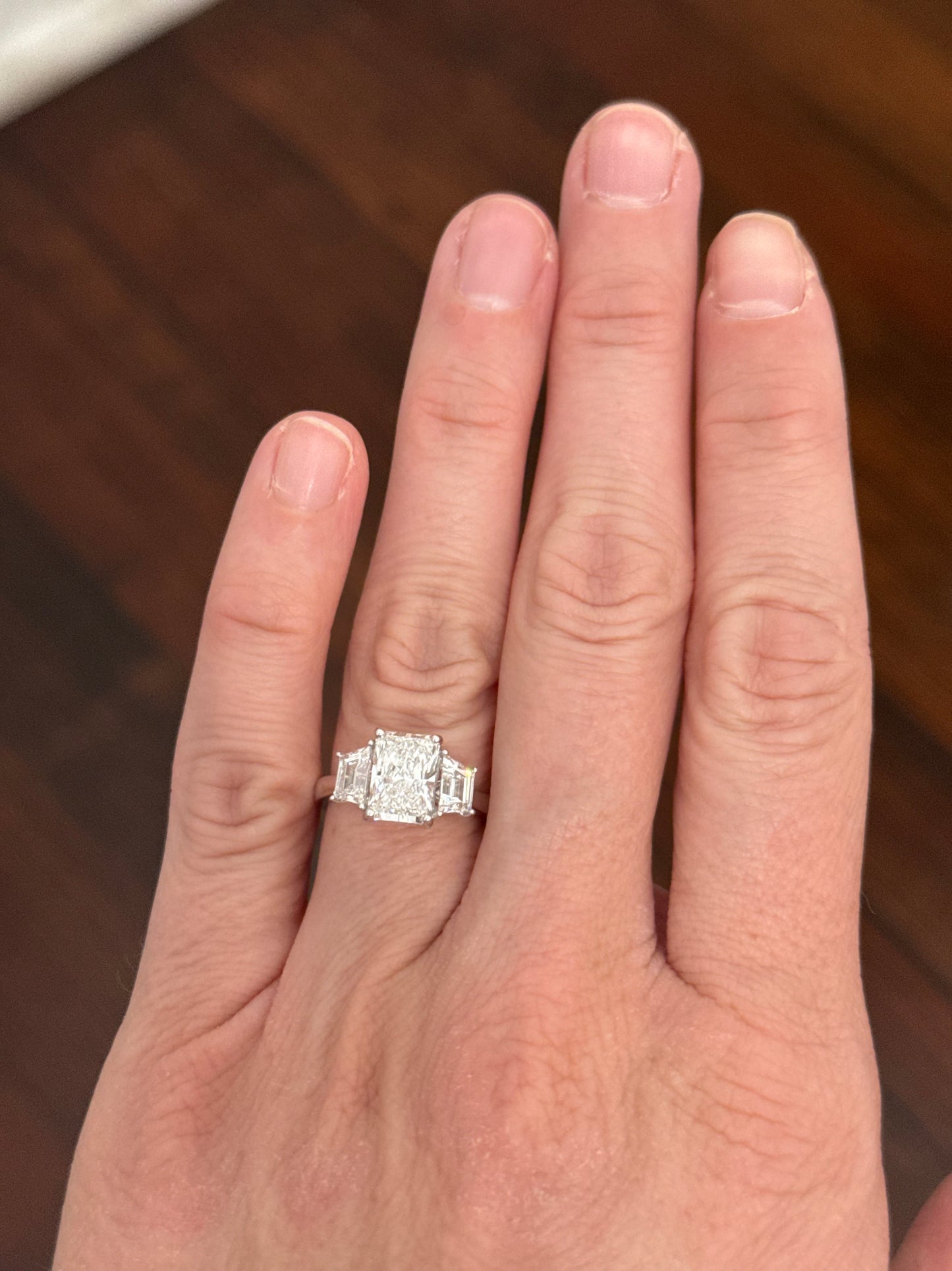 White gold radiant and trapezoid lab diamond ring