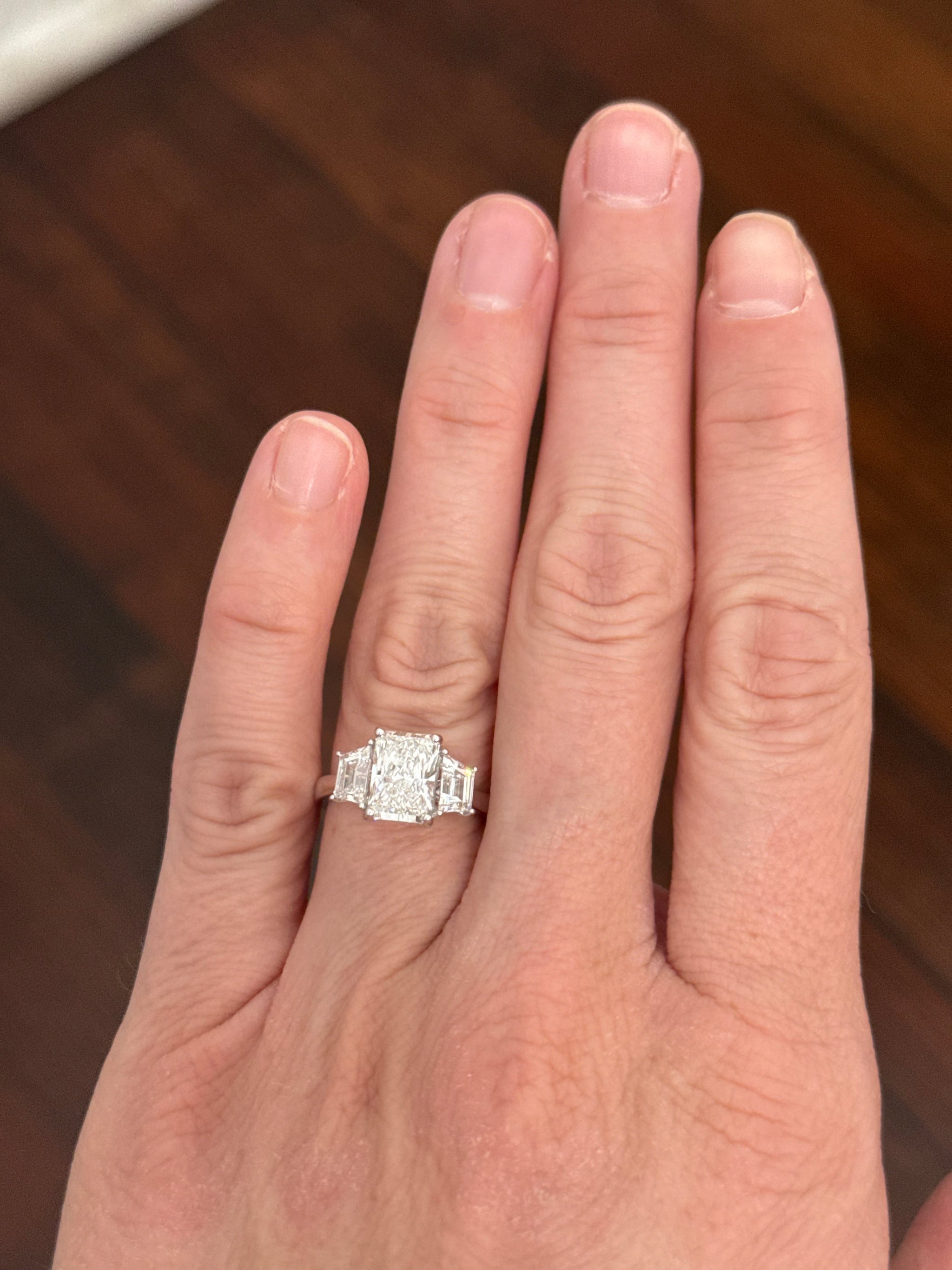 White gold radiant and trapezoid lab diamond ring