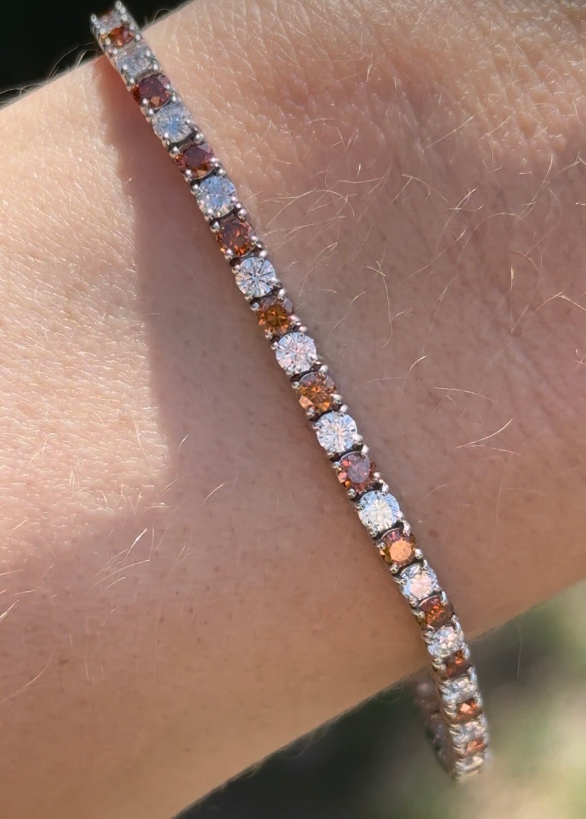 4 prong white gold 4.99ct orange and white lab diamond tennis bracelet