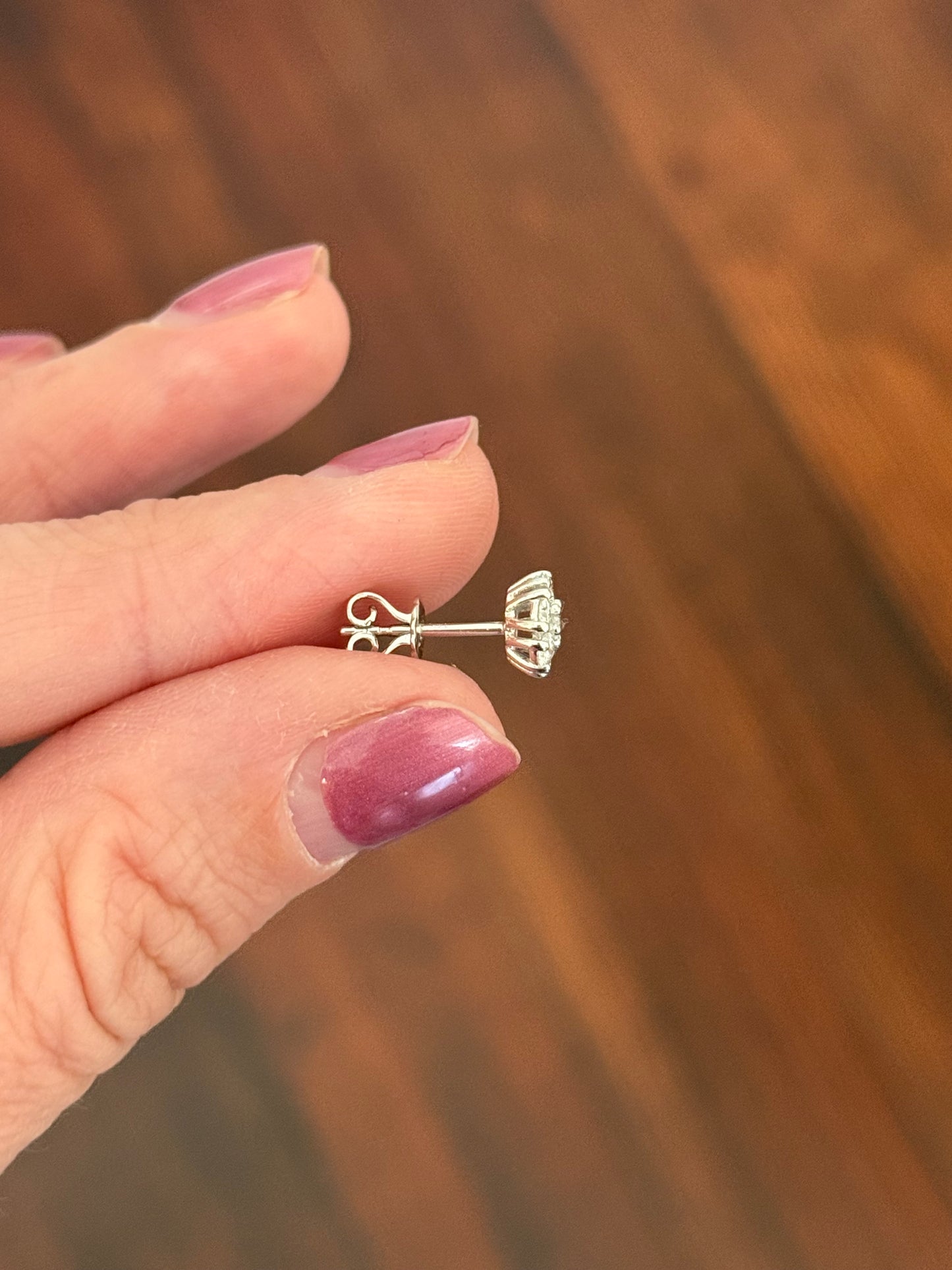 White gold 0.65ct lab diamond flower studs with push backs. Two pairs available.