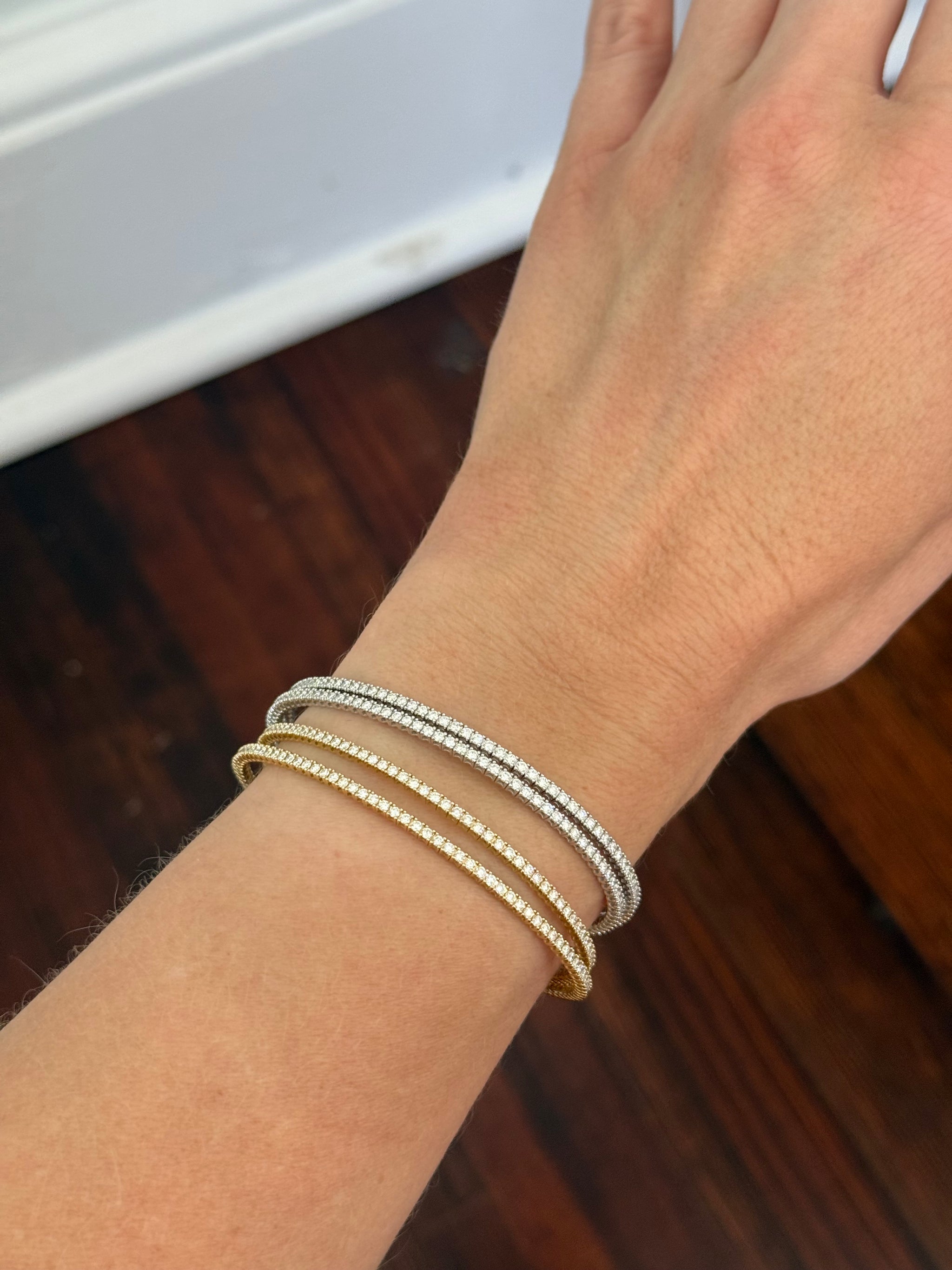 Wrap around lab diamond flex bracelets available in white and yellow gold