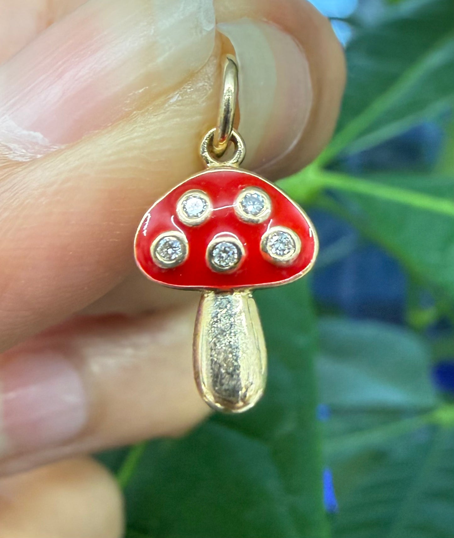Mushroom Diamond Enamel Charm 14k