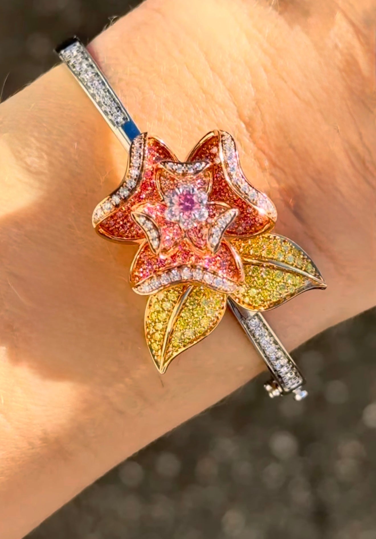 White Rose & Yellow Gold Pink Yellow & White Lab Diamond Bracelet