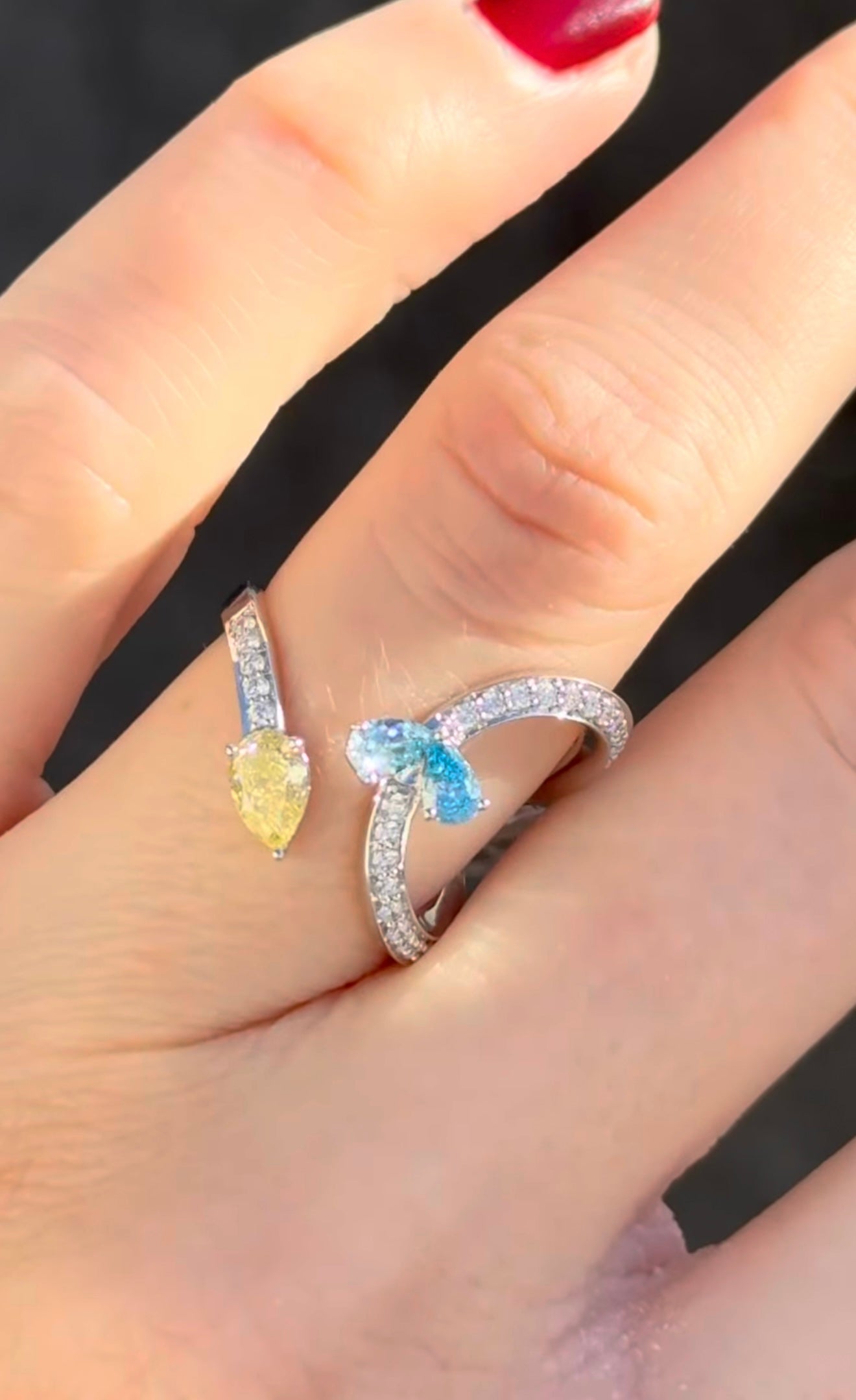 White Gold Yellow & Blue Pear Shape Diamond Lab Ring
