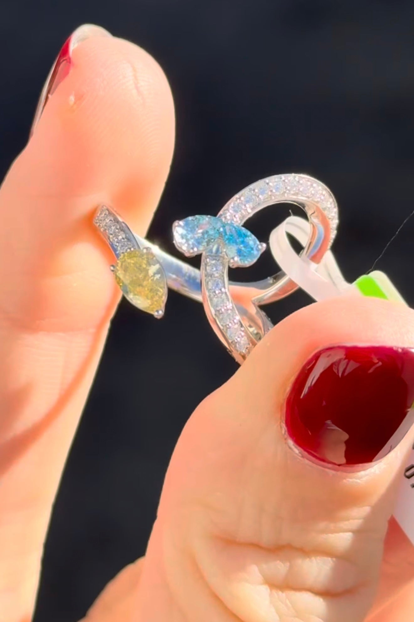 White Gold Yellow & Blue Pear Shape Diamond Lab Ring