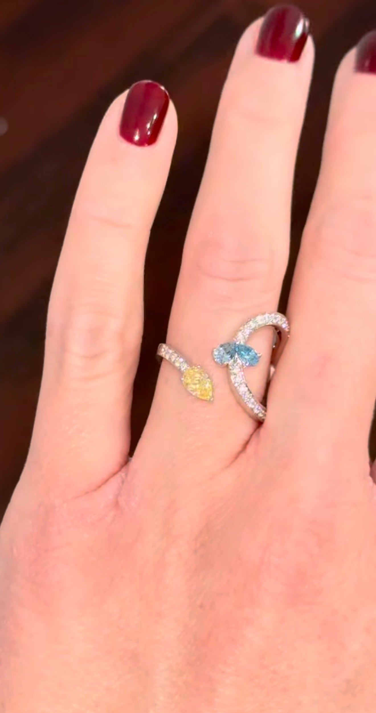 White Gold Yellow & Blue Pear Shape Diamond Lab Ring