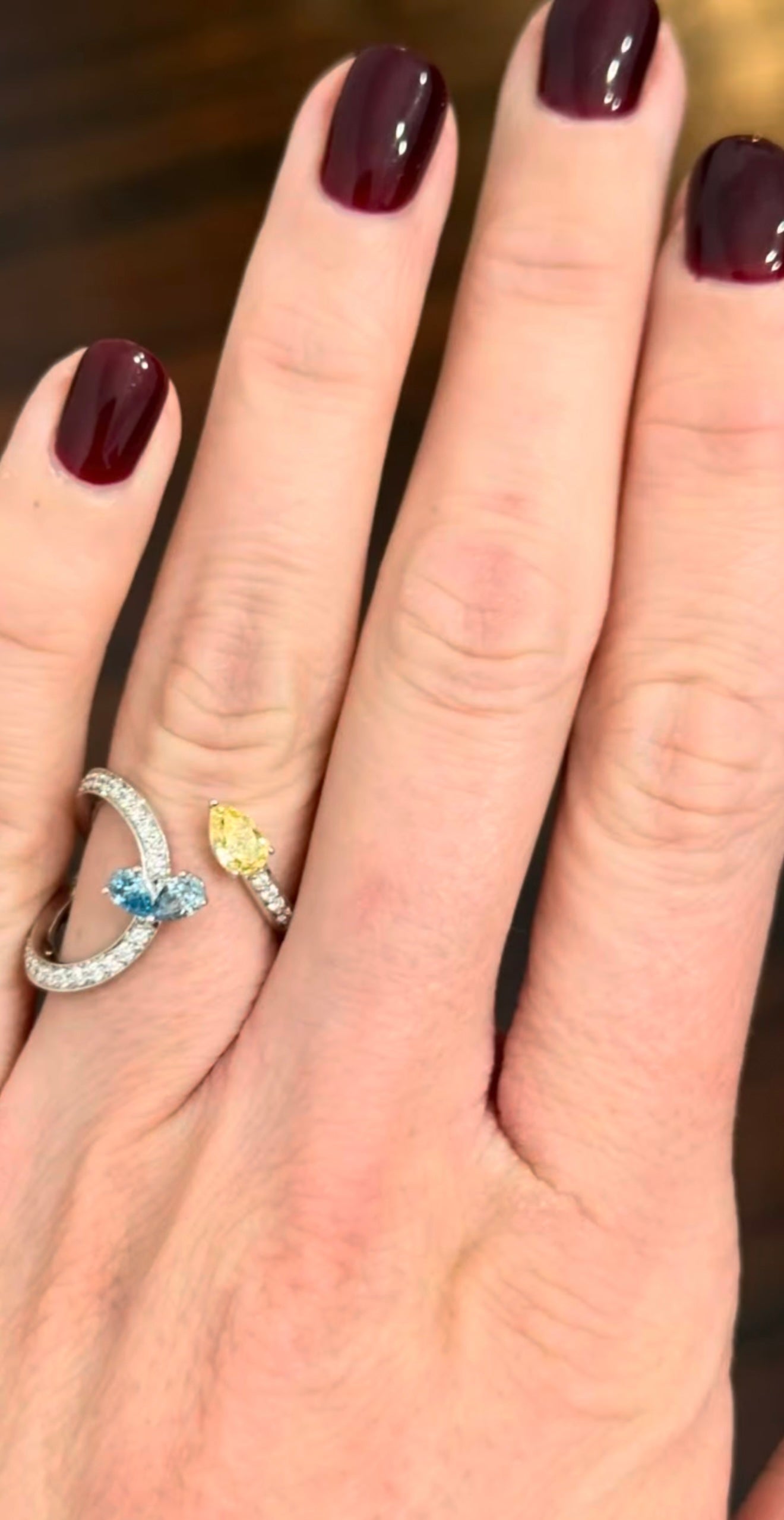 White Gold Yellow & Blue Pear Shape Diamond Lab Ring