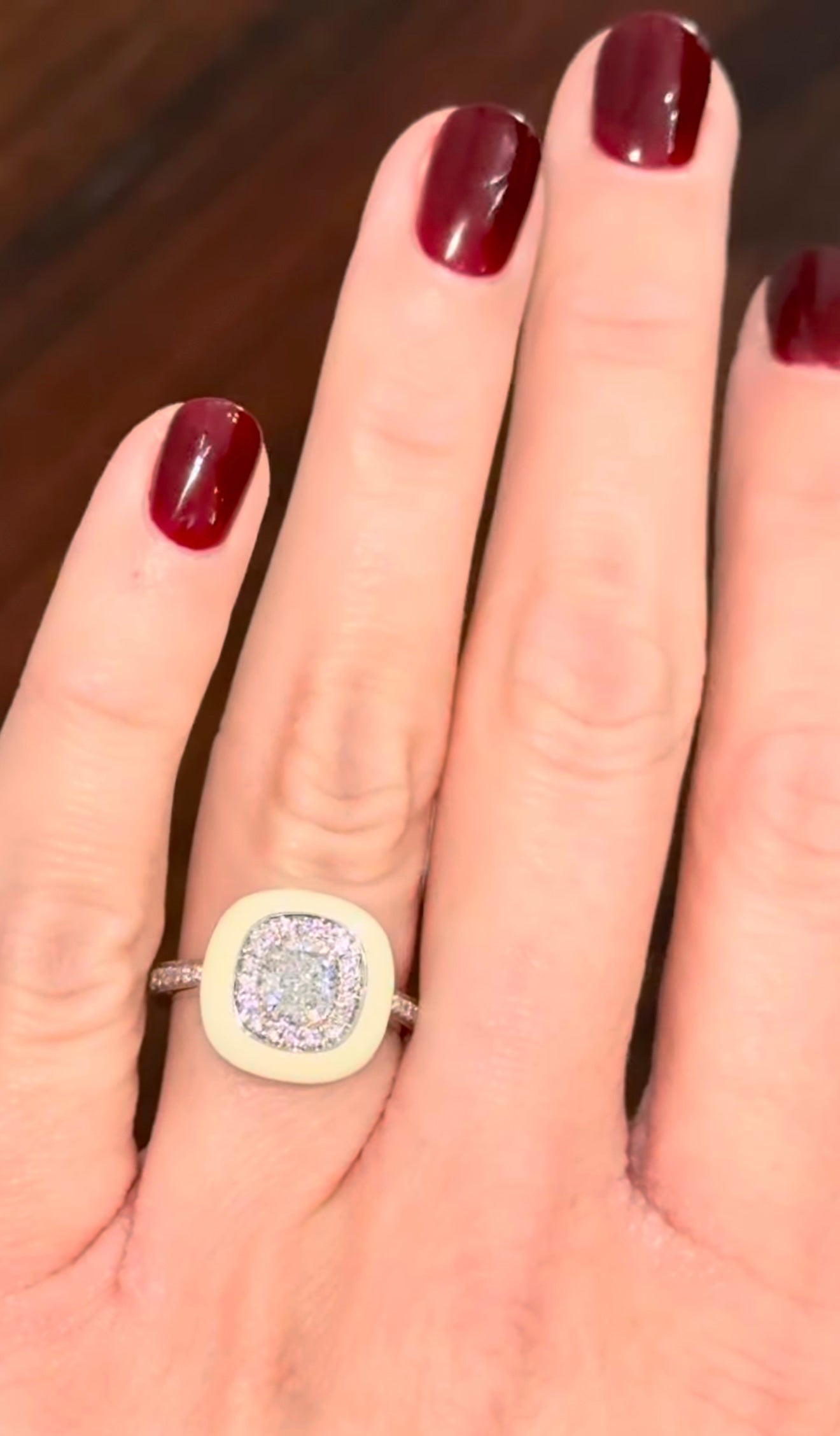 White Gold Enamel Cushion & Round Lab Diamond Ring