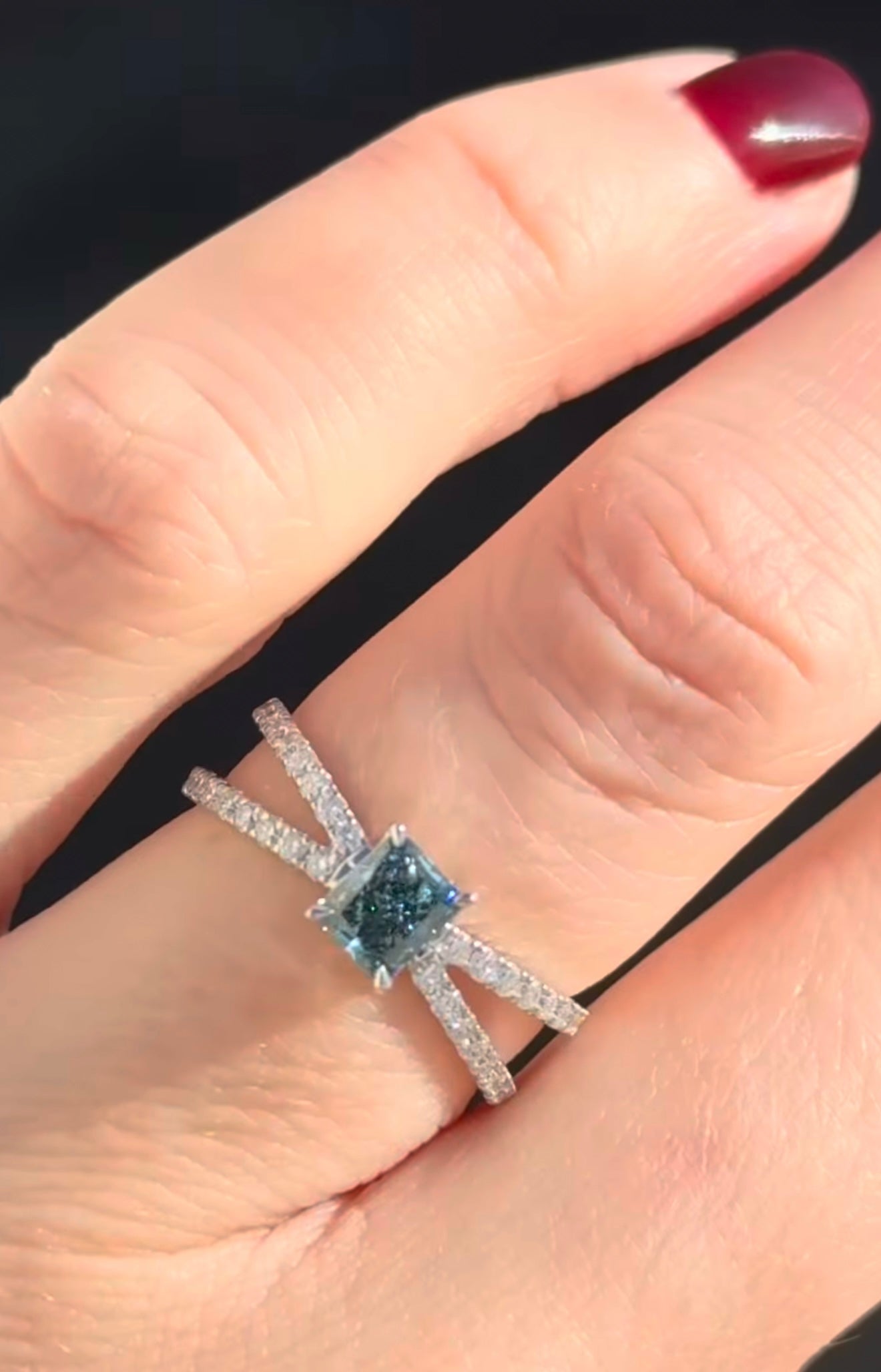 Blue Radiant & White Round Lab Diamond Ring