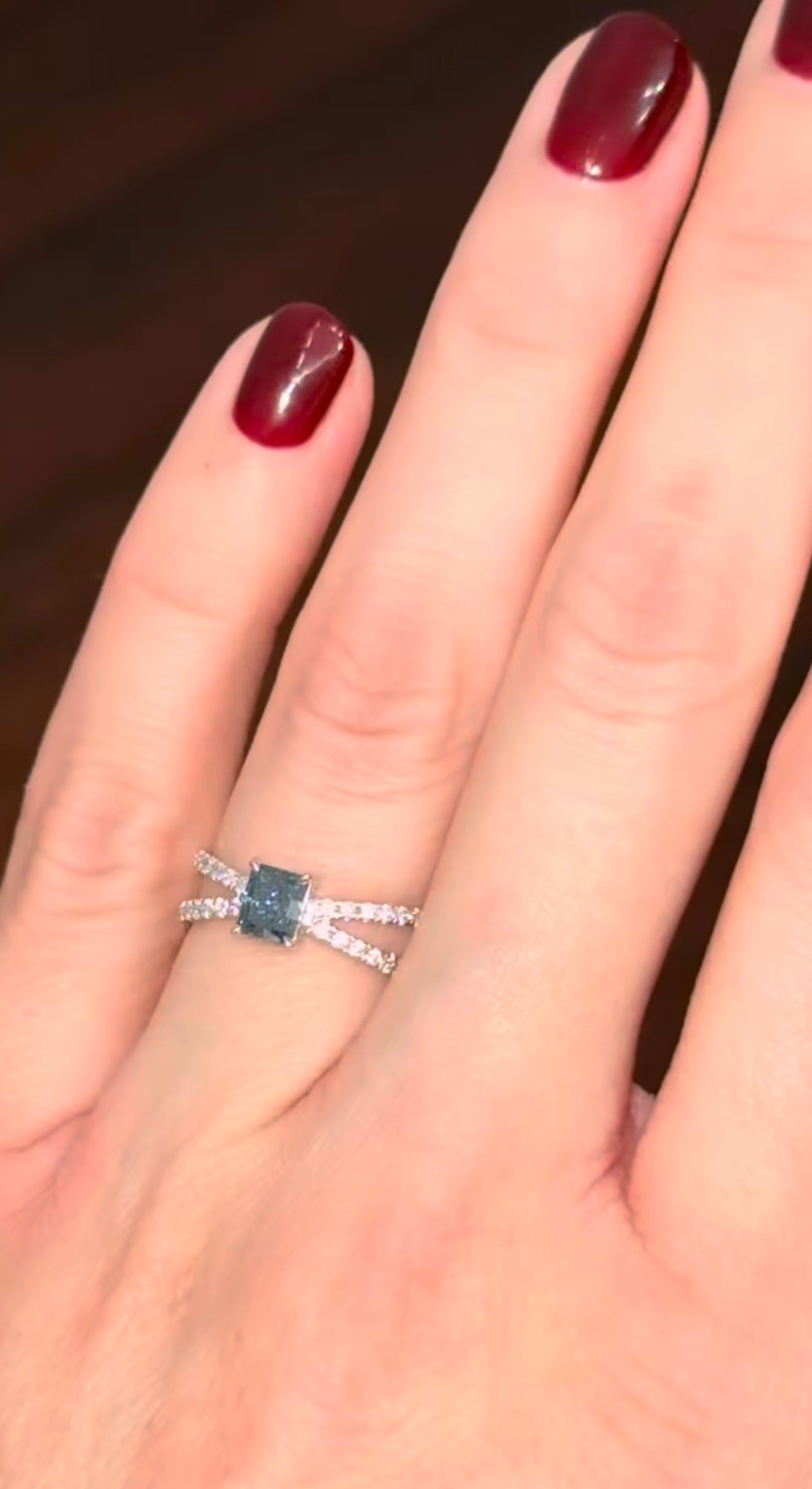 Blue Radiant & White Round Lab Diamond Ring