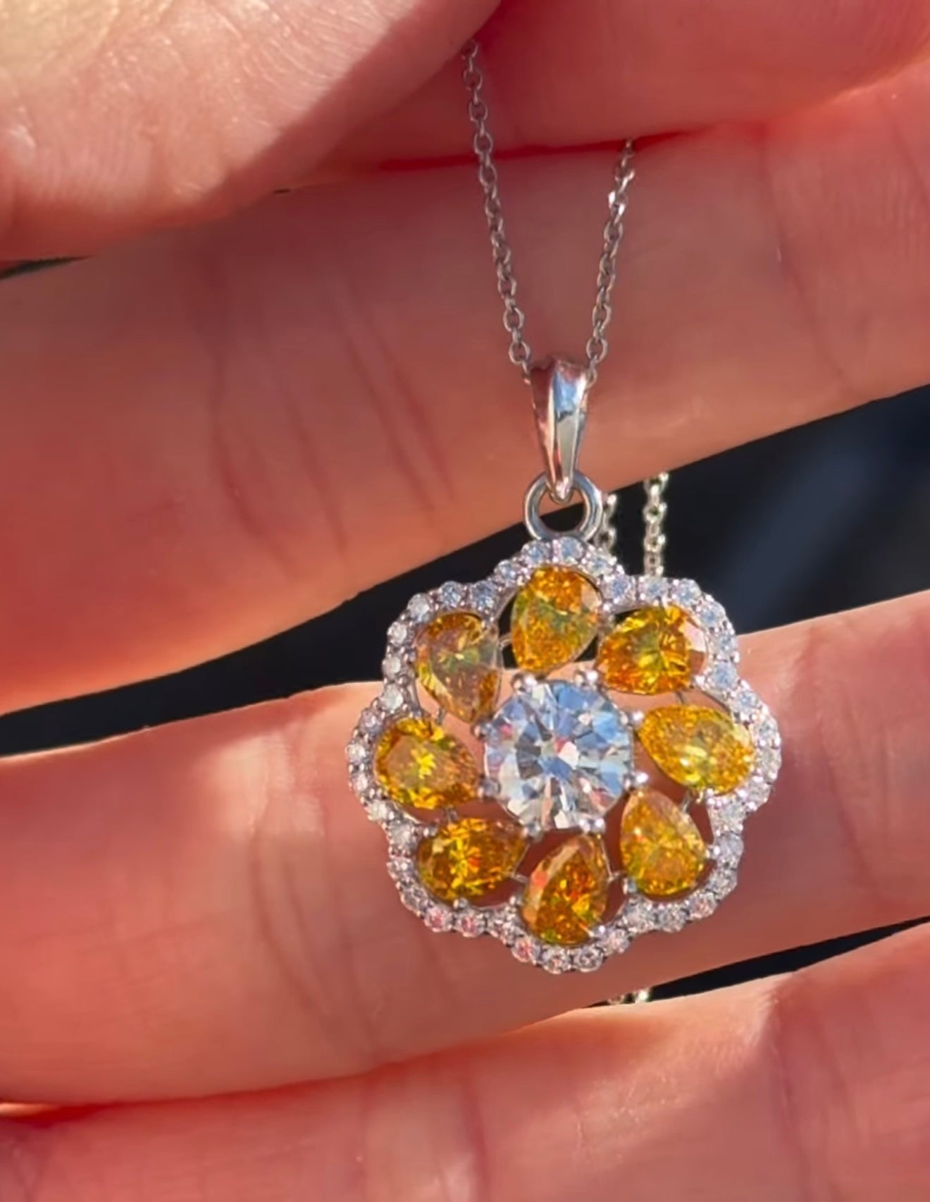 White Gold with Orange Pear Shape Lab Diamond Necklace