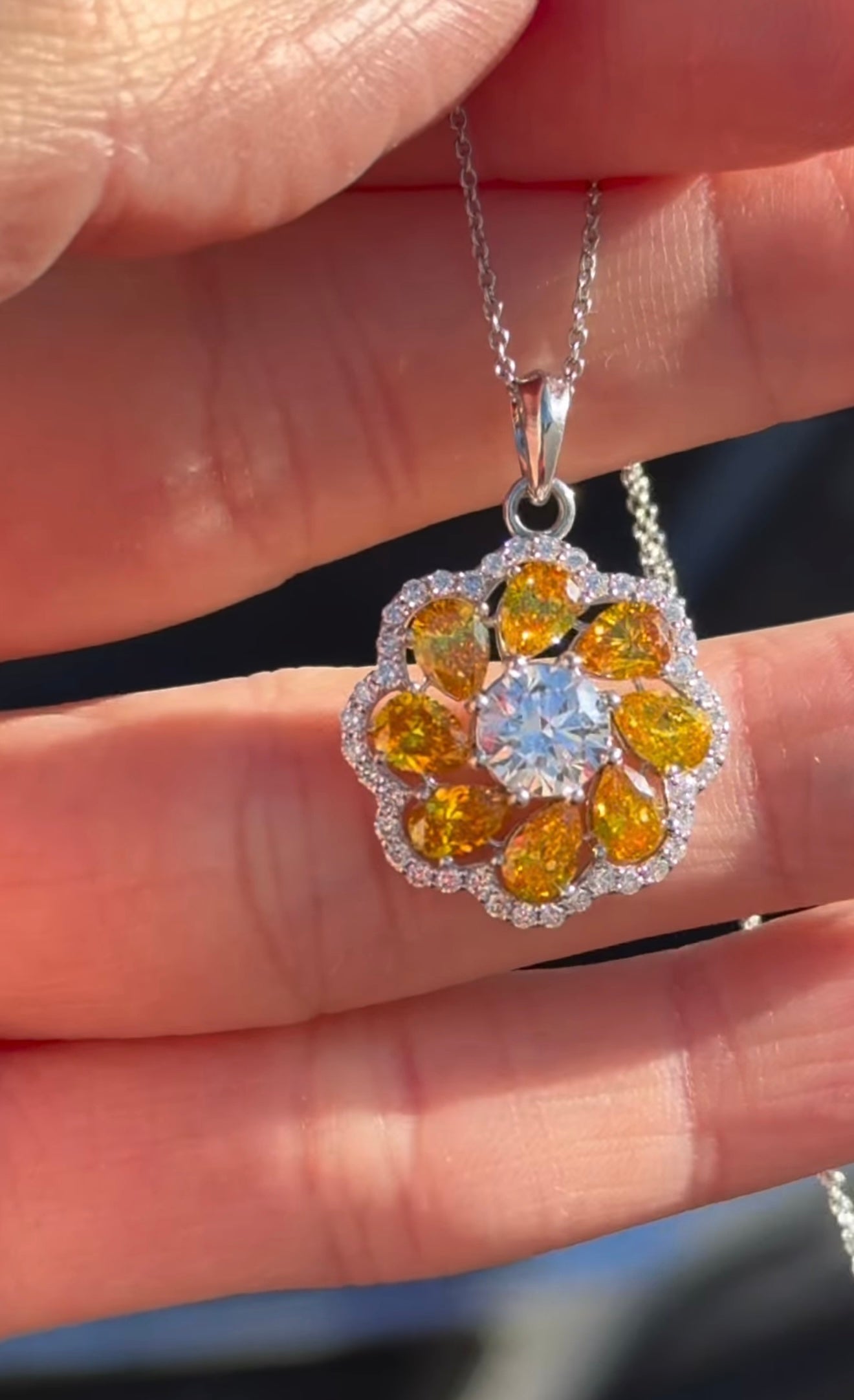 White Gold with Orange Pear Shape Lab Diamond Necklace