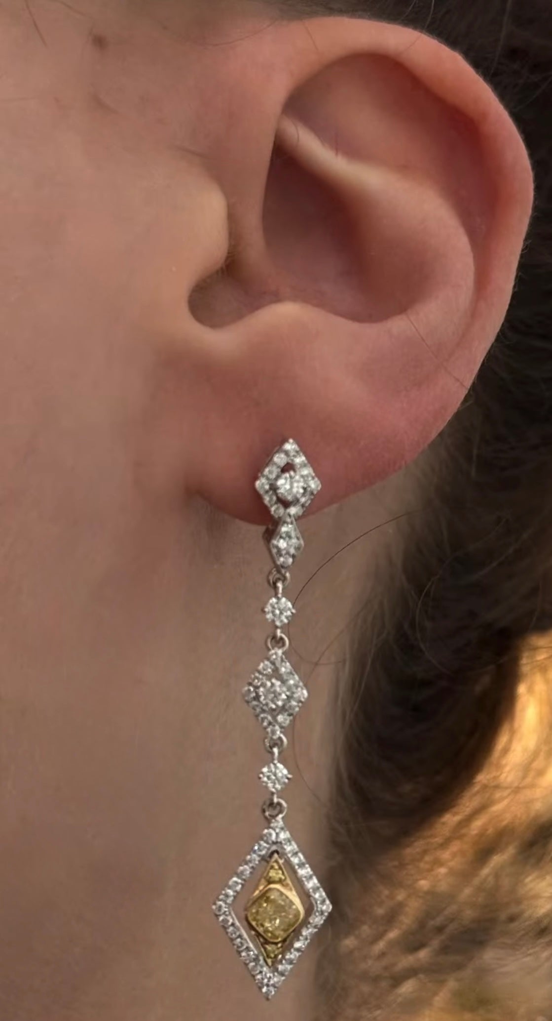 White Gold Yellow Cushion & Round Dangle Earring