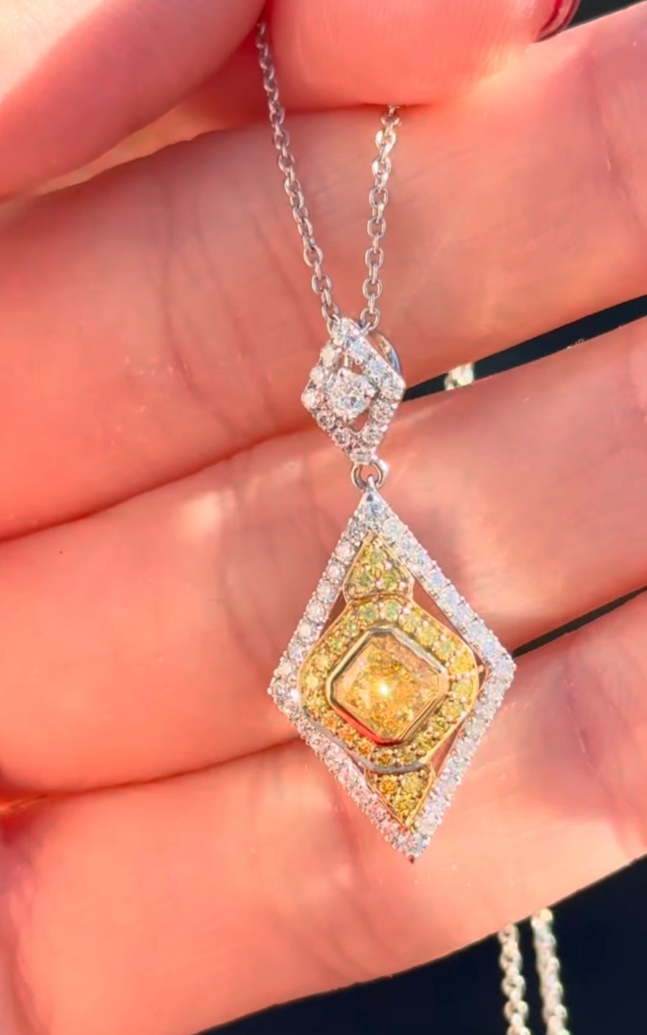 White Gold Yellow Cushion & White Lab Diamond Necklace