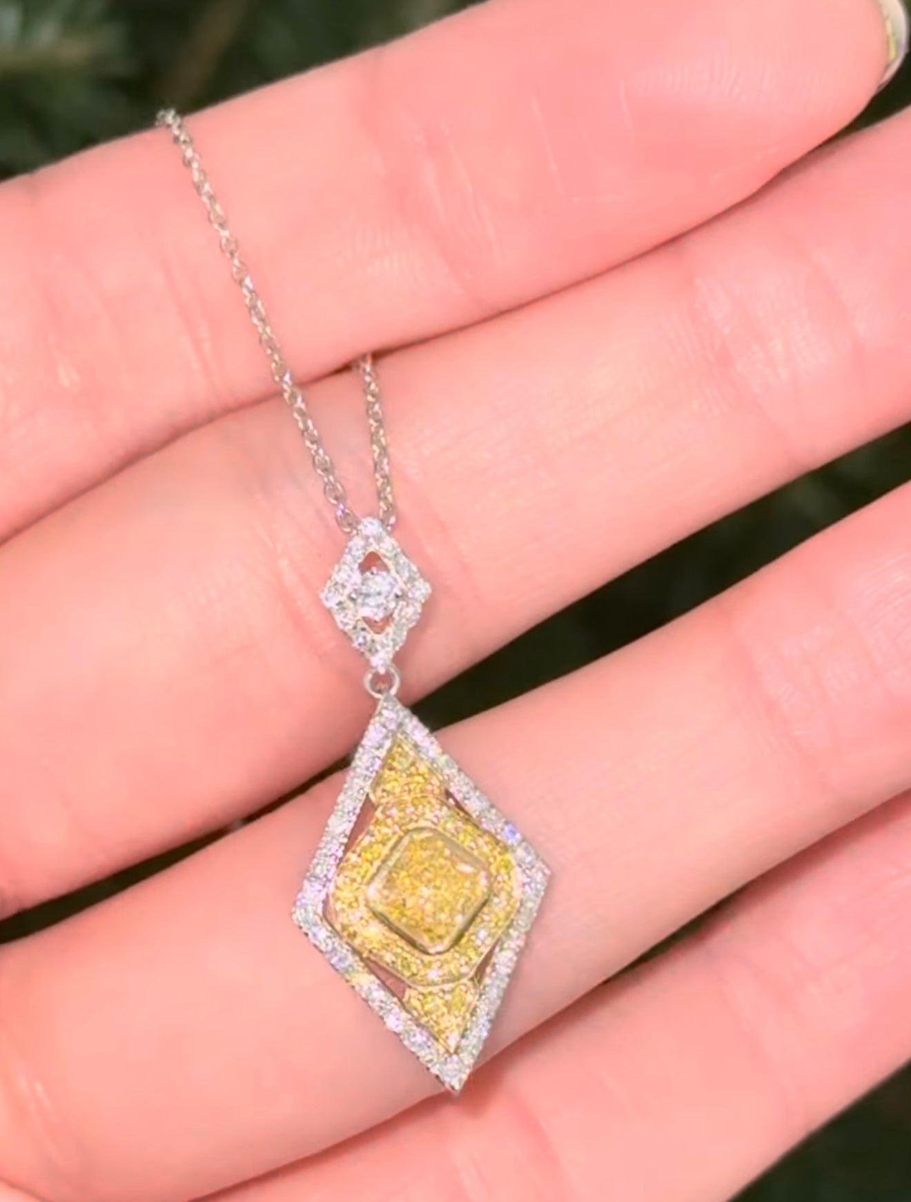 White Gold Yellow Cushion & White Lab Diamond Necklace