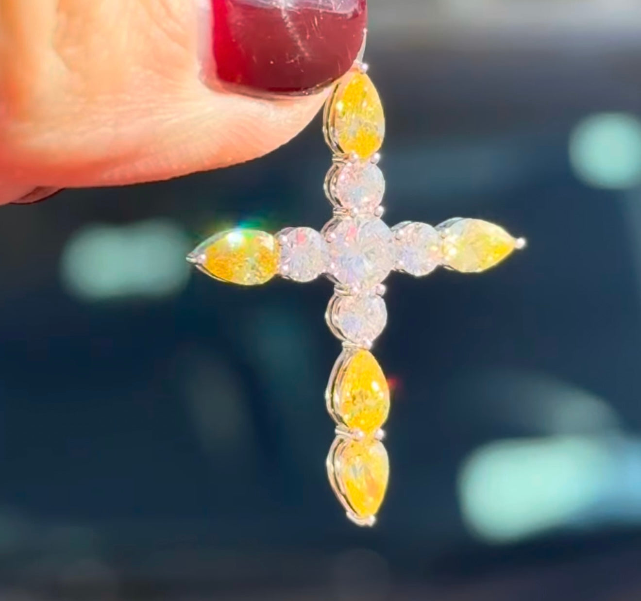 White Gold Yellow Pear Shape Lab Diamond Cross Pendant