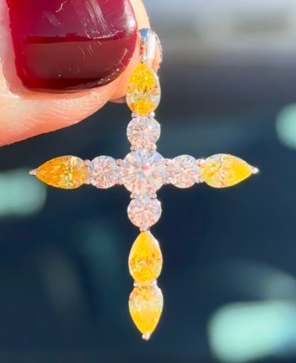 White Gold Yellow Pear Shape Lab Diamond Cross Pendant