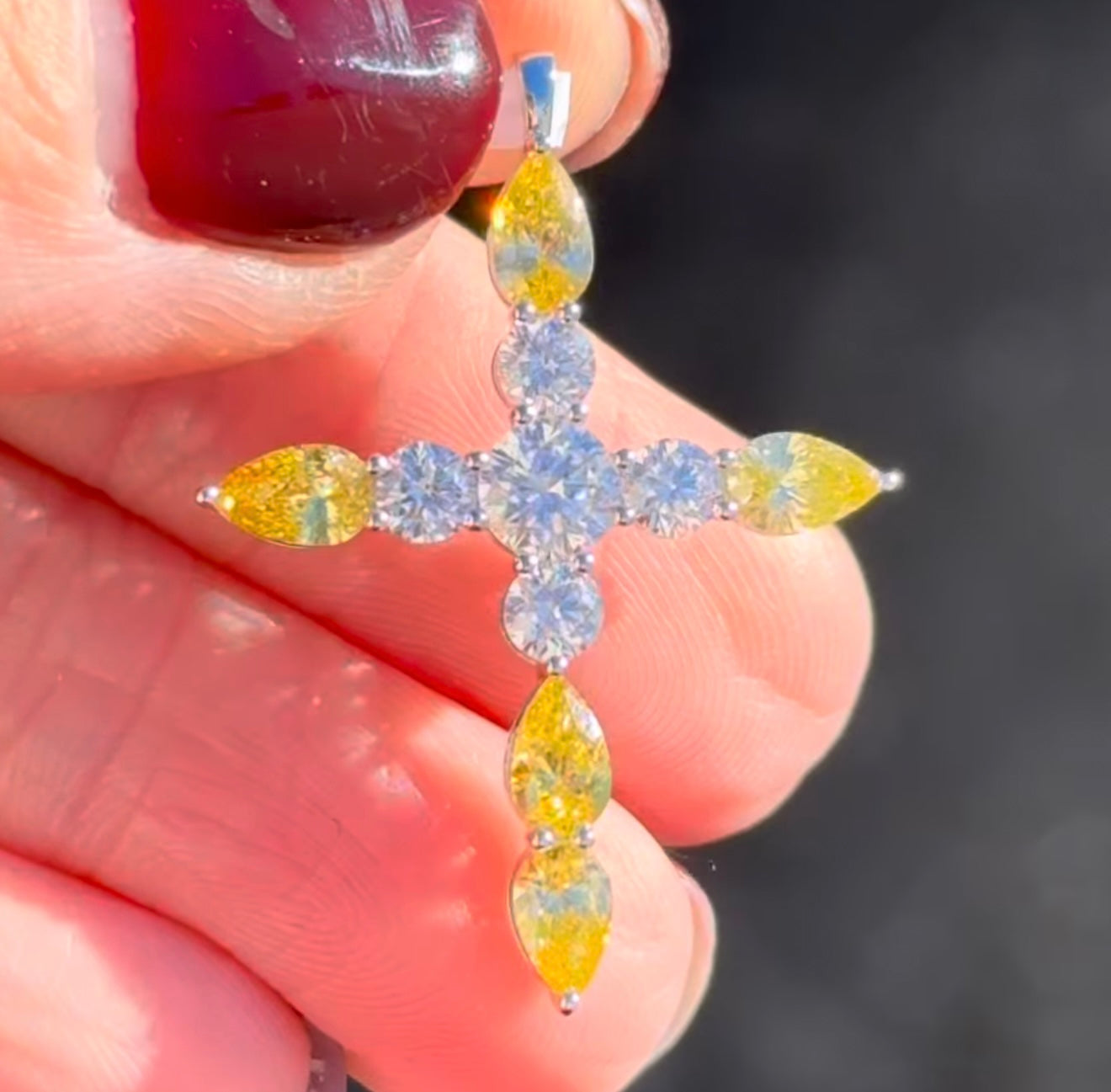 White Gold Yellow Pear Shape Lab Diamond Cross Pendant
