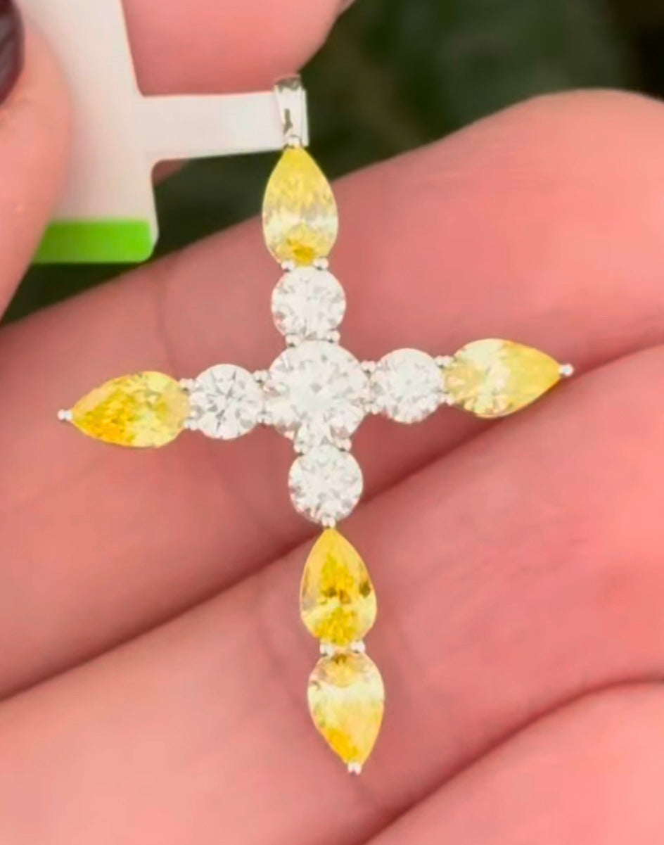 White Gold Yellow Pear Shape Lab Diamond Cross Pendant