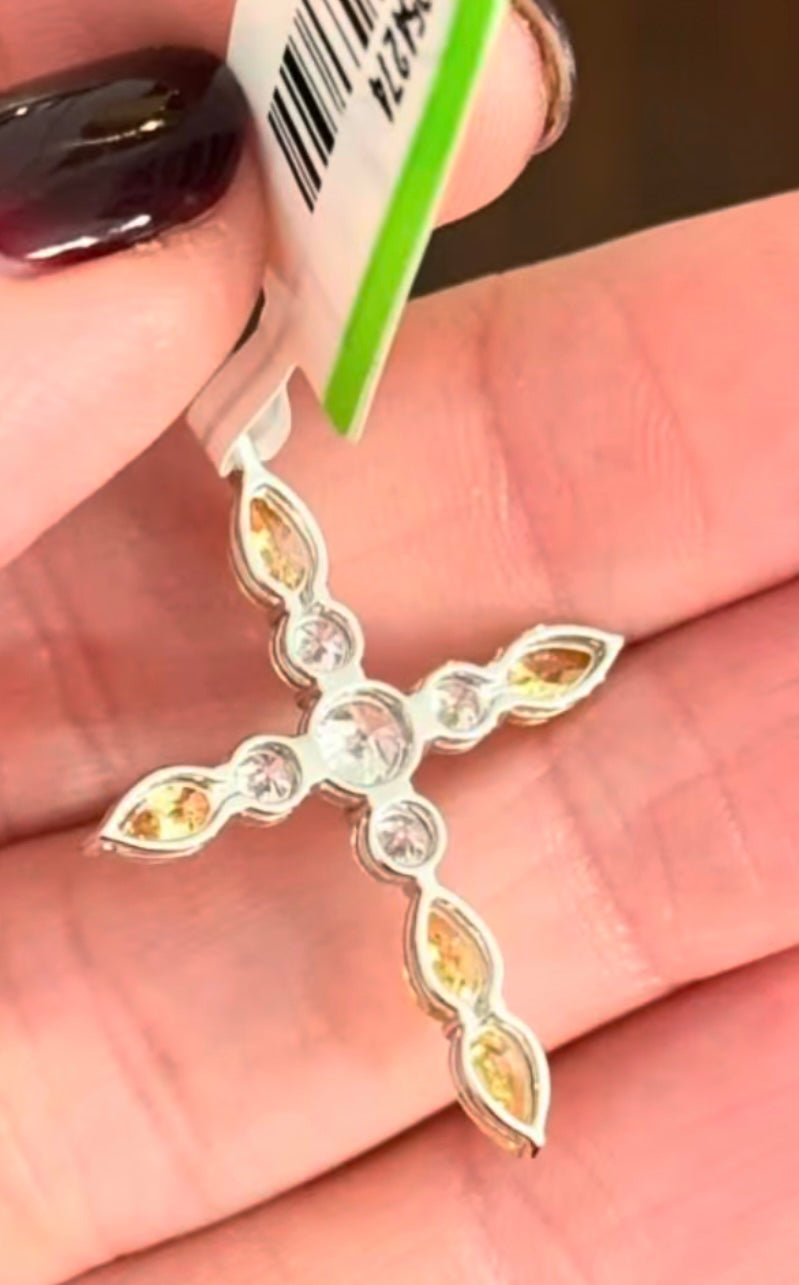White Gold Yellow Pear Shape Lab Diamond Cross Pendant
