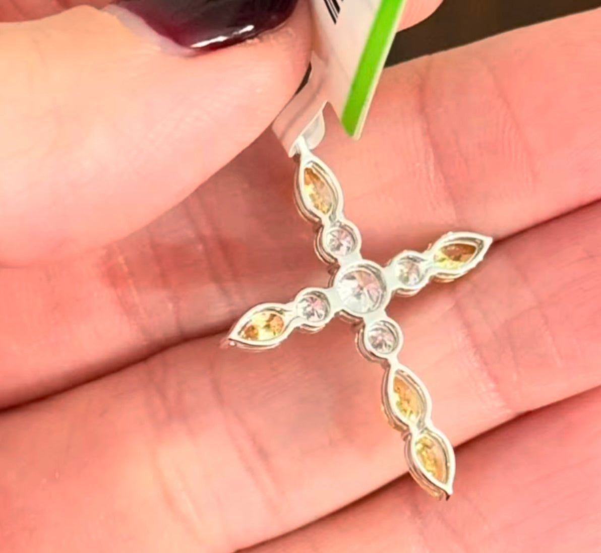 White Gold Yellow Pear Shape Lab Diamond Cross Pendant
