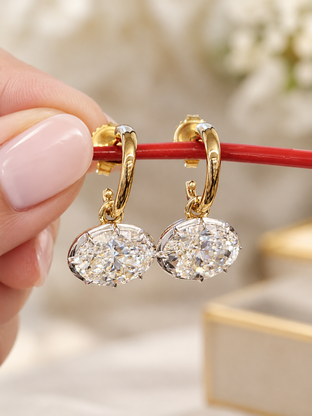 Custom Made IGI Certified 3ct + 3ct Oval Lab Diamond Dangle Earring