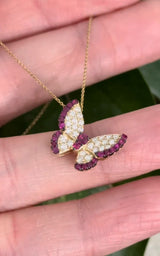 Yellow Gold Ruby & Diamond Butterfly Pendant & Chain