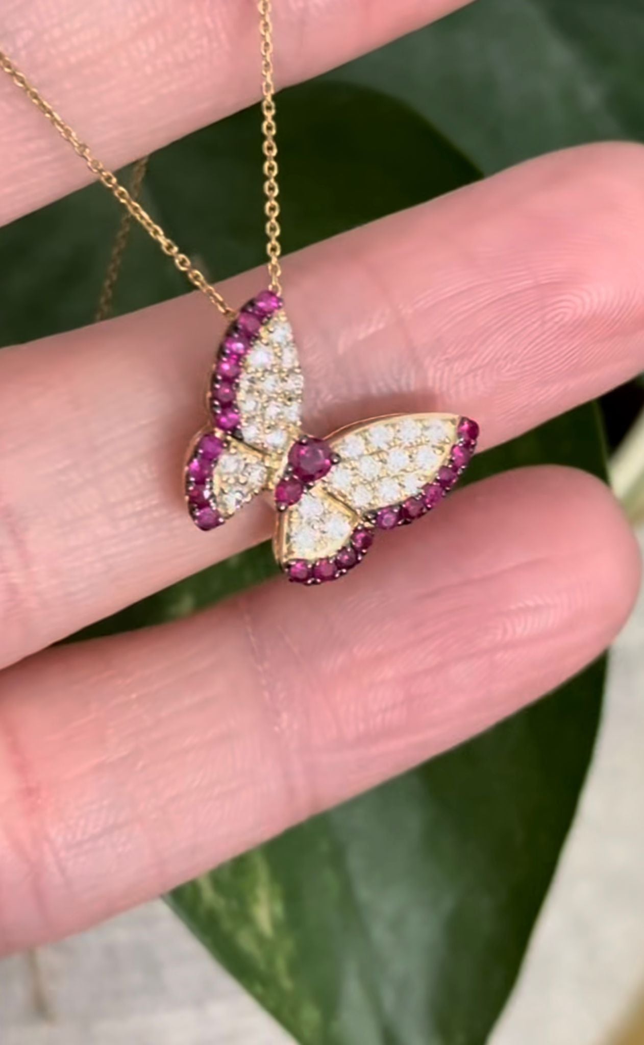 Yellow Gold Ruby & Diamond Butterfly Pendant & Chain